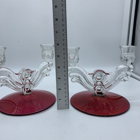 2 Tiffin-Franciscan King's Crown-Ruby Flashed  Double Light Candlestick Holders - Picture 5 of 10